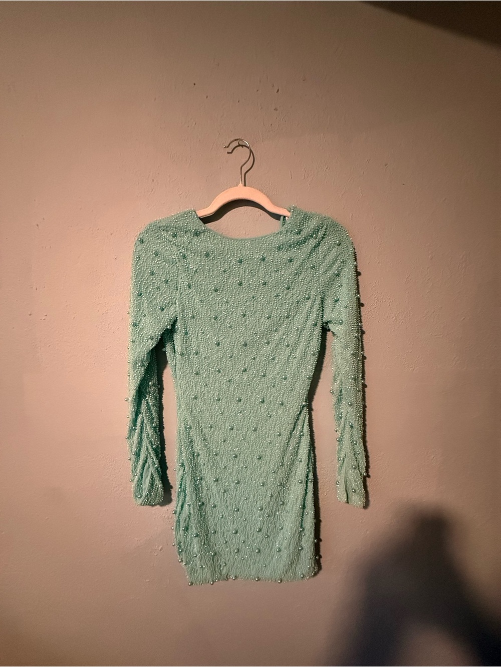 Oh Polly Tiffany Blue Pearl Long Sleeve Long-Sleeve Textured Bodycon Dress